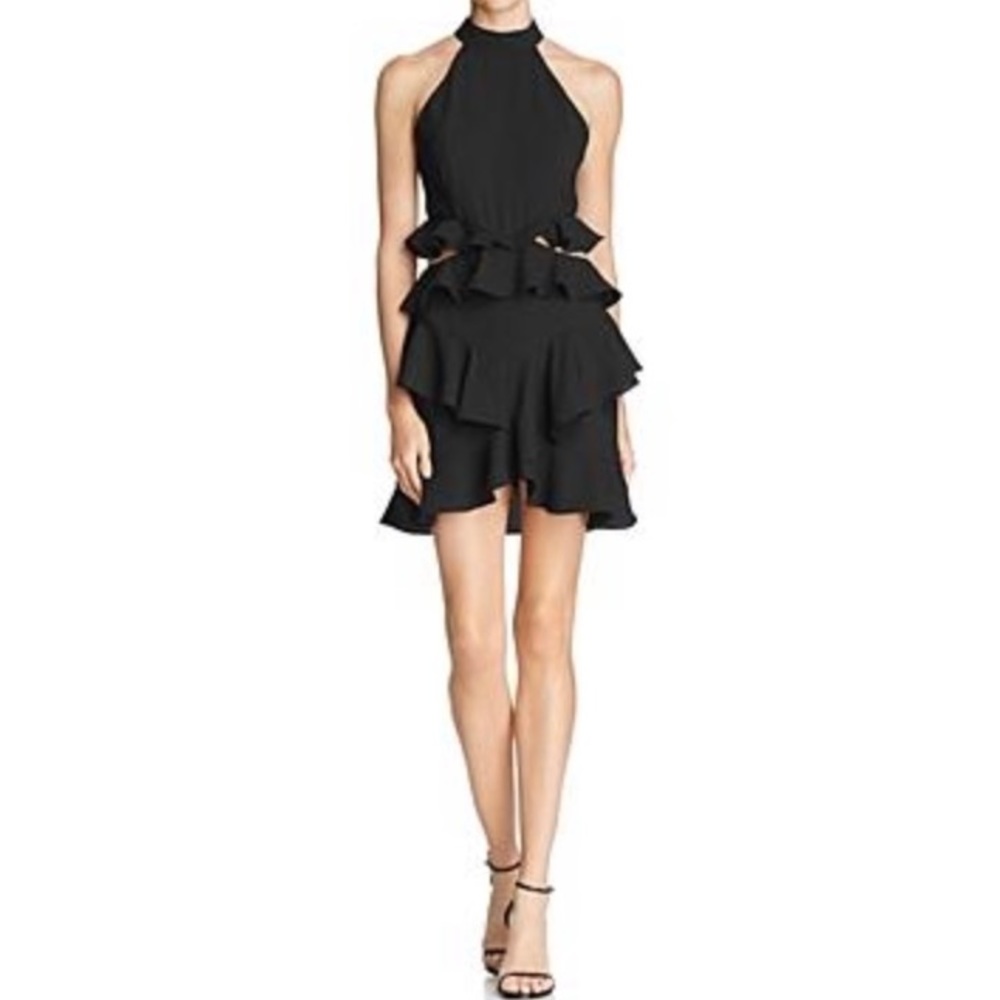 DO+BE Halter Neck Tier Ruffle Cutout Black Mini Dress